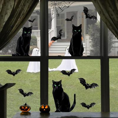 Halloween Black Cat Window Sticker Haunted House Bat Spider Web Removable Scary Decal Window Sticker Halloween Decor Home