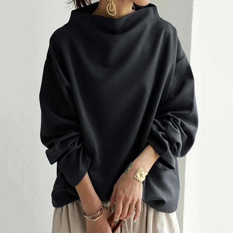 Women Loose Mock Neck Pullover Sweatshirt Solid Color Casual Style