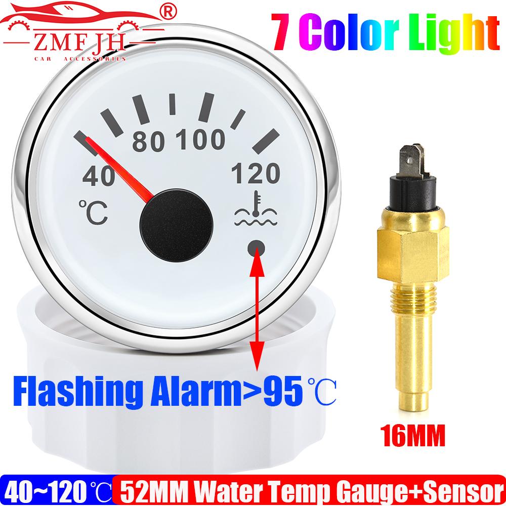 Auto Car 52MM Water Temperature Gauge with Warning Sensor 12MM,14MM,16MM 40-120℃ Water Temp Meter Indicator 7 Color Backlight
