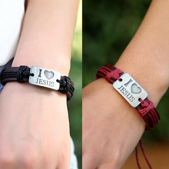 Vintage Unisex Faux Leather Bracelet Alloy I Love Jesus Letters Decor Rope Bangle