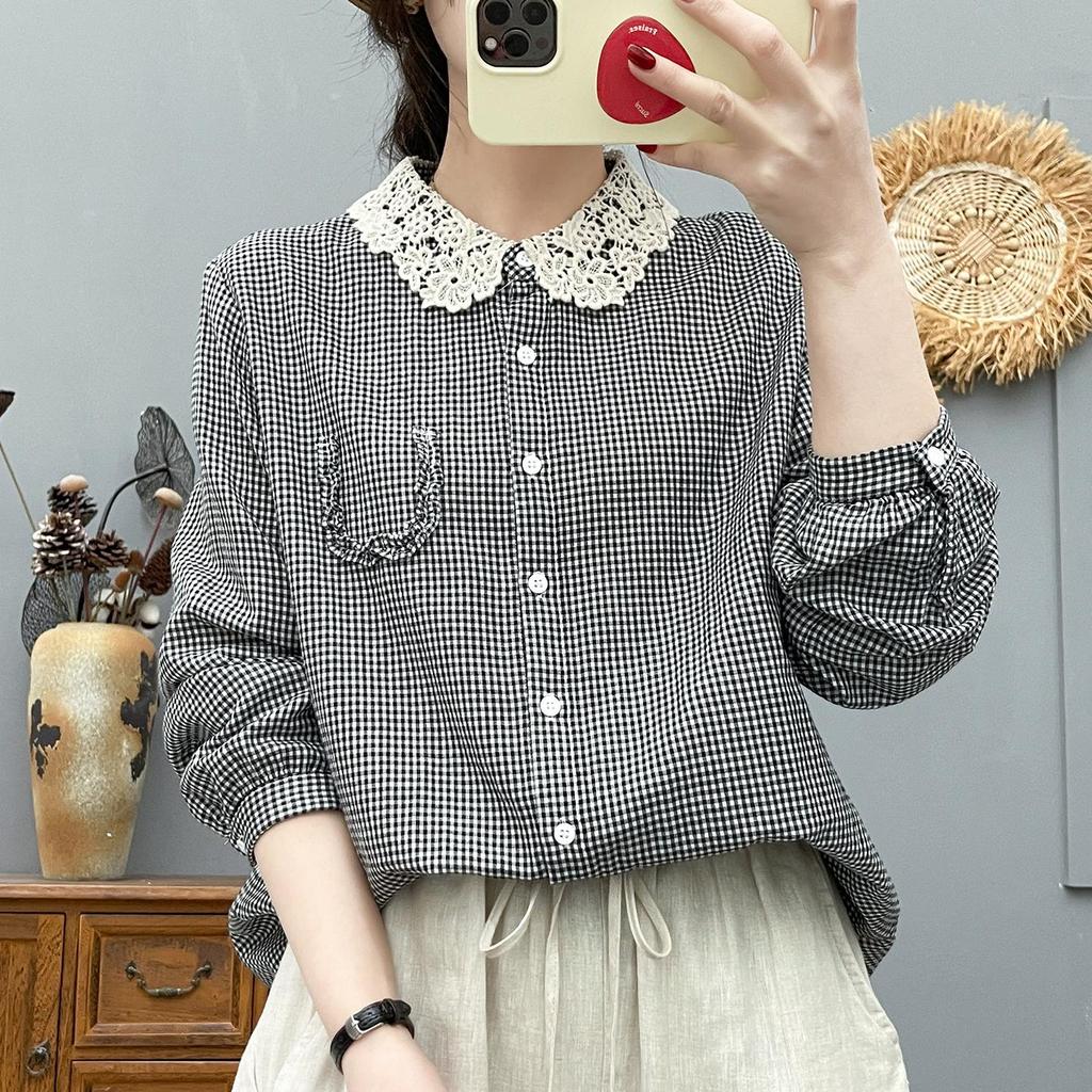 Women's Long Sleeve Plaid Shirt with French Lace Collar, Soft Skin-Friendly Double Layer Cotton