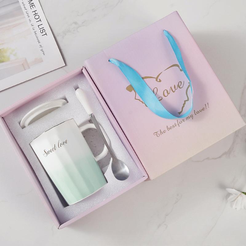 Verlaufende Farbe Leichter Luxus Luftbecher mit Deckel Löffel Keramiktasse für Heimgebrauch Frauen Paar Wasserbecher Büro Kaffeetasse