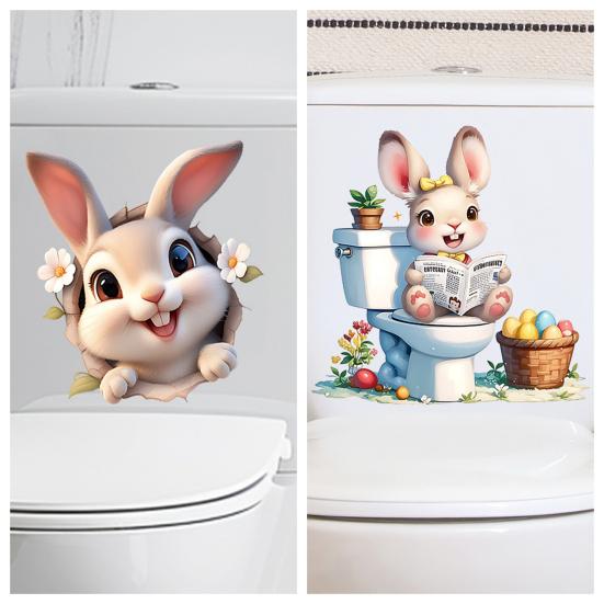 Yousheng Cute Bunny Toilet Sticker, Removable Peel And Stick Cartoon Rabbit Sticker, Self-Adhesive Bathroom Decal for Toilet Lid, Wall Decor