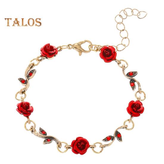 3 Pcs/Set Red Rose Jewelry Set Floral Theme Romance Vintage France Style Valentines Day Mothers Day Present Earrings Adjustable Rhinestone Necklace