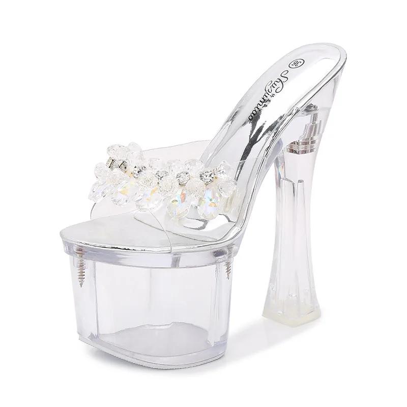 Fashion 17.5cm Women Glass Crystal Wedge Heel Slippers Summer Waterproof Platform non-slip Sexy Super High Heel Sandals LFD