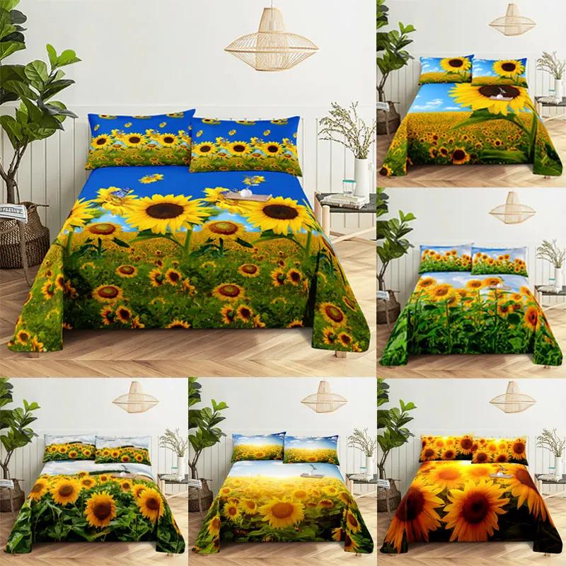Sunflower Bed Sheets and Pillowcases for Single Double Beds Bedsheets Set with Pillow Case 2pcs 3pcs Queen Full Size 3D Soft