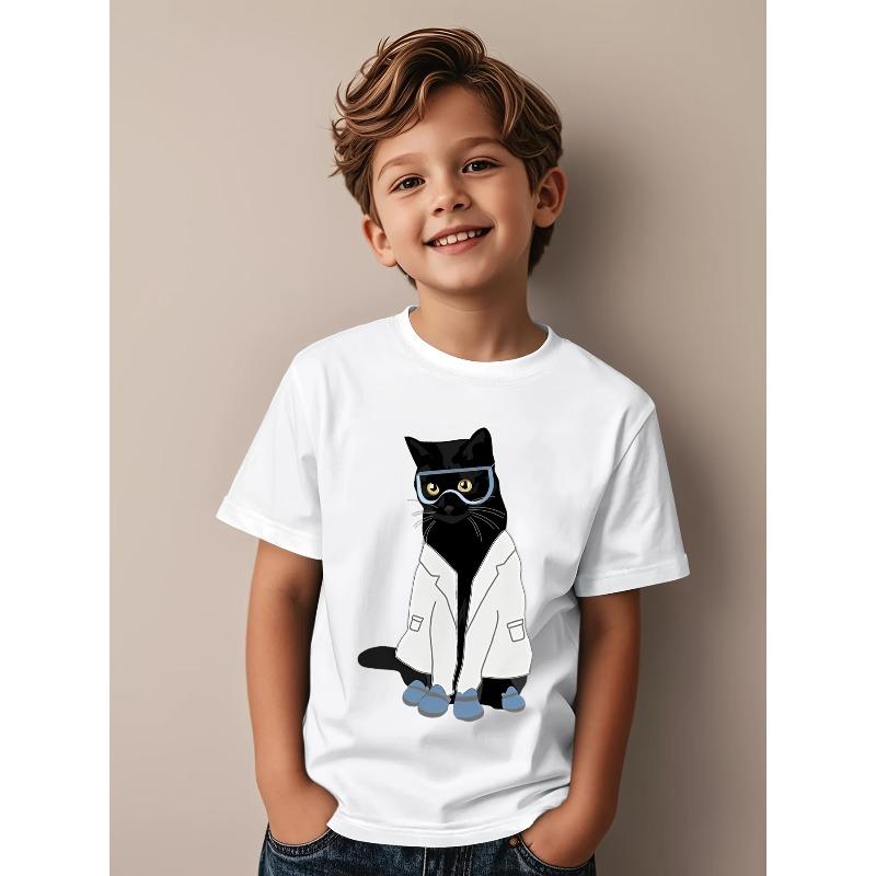 Boys Crewneck Short Sleeve T-Shirt, Laboratory Scientist Cat Beaker Test Tube Science Print 110 белый