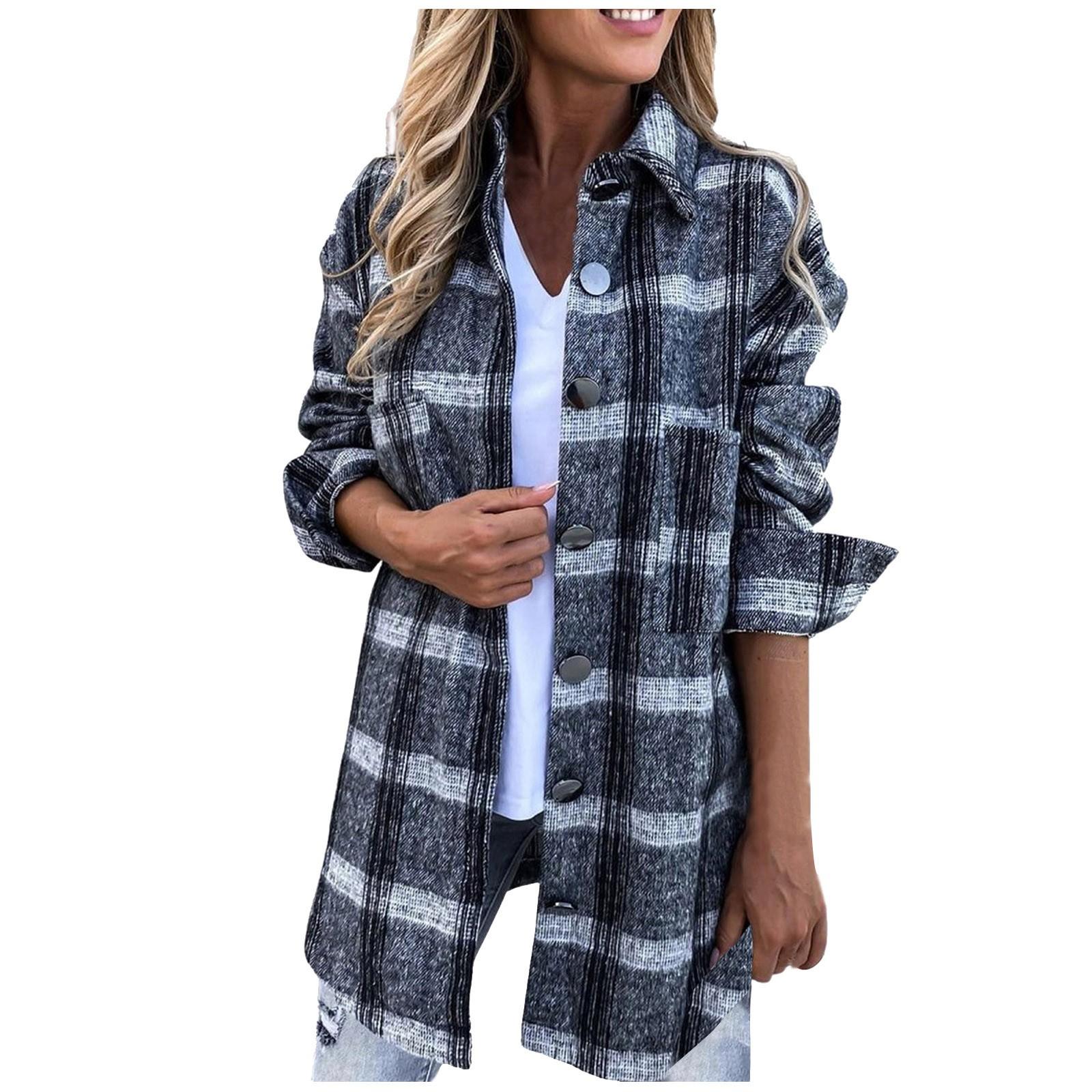

Женская мода, повседневная клетчатая куртка, рубашки с длинными рукавами и лацканами на пуговицах, пальто-рубашка M