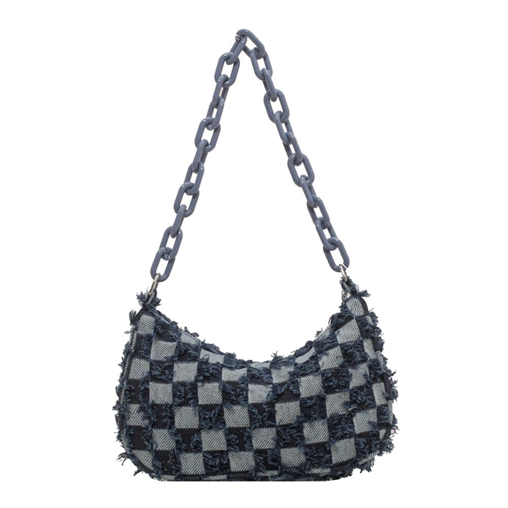 Women Grid Chain Handbag Large Capacity Vintage Denim Shoulder Bag Retro Classic Purse Trendy Bag for Daily Office Use Sling Bag