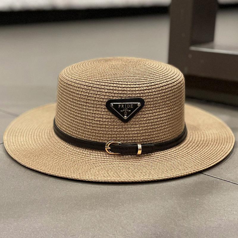 New Triangular Metal Logo Straw Woven Hat for Children's Spring and Summer Fashion Versatile Vacation Beach Sun Hat