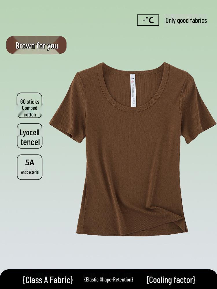 5A Antibacterial Women's Solid Color Tencel Cotton Ribbed Short Sleeve Summer T-shirt