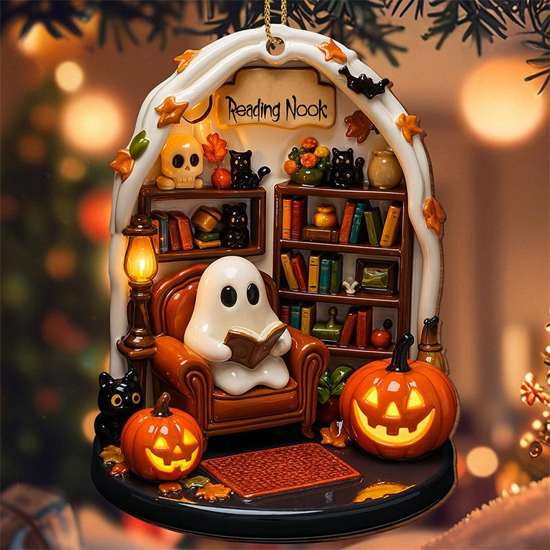 Cute Reading Ghost Halloween Ghost Ornaments 2D Flat Acrylic Pendant Halloween Hanging Home Decor