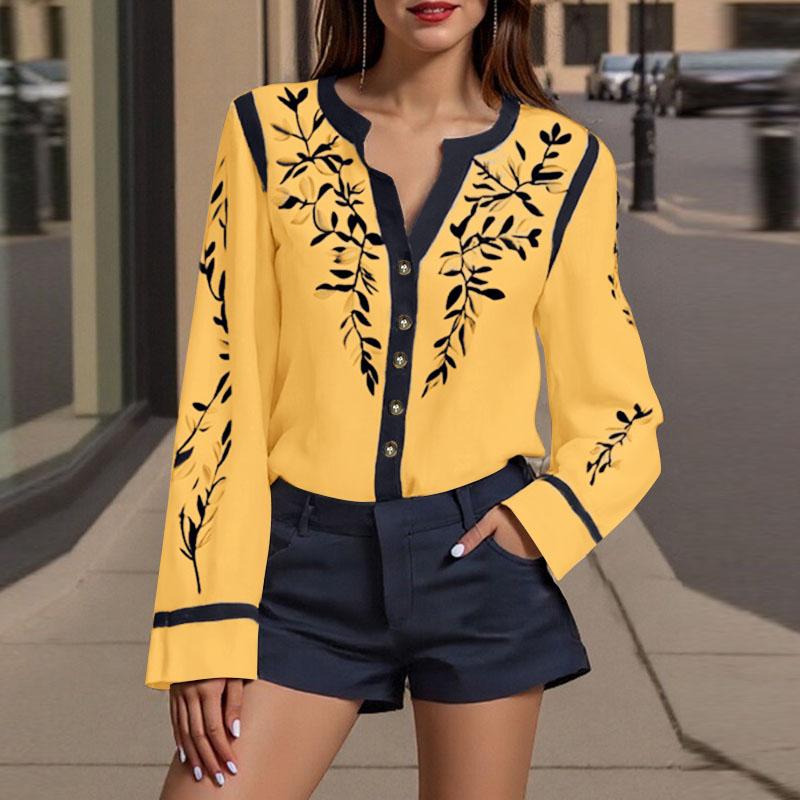 

ZANZEA Женская повседневная блузка с V-образным вырезом и длинным рукавом, свободная, с принтом 5XL жёлтый