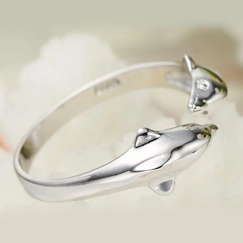 925 Silver Jewelry Open Happy Double Dolphin Love Rings For Women Party Gift Adjustable Ring Anillos Bague