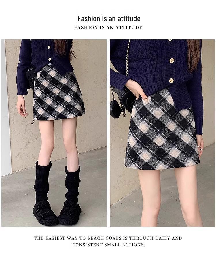 Women's 2025 Retro High-Waist Wool Blend Plaid Mini Skirt - Petite Bodycon A-Line for Autumn/Winter