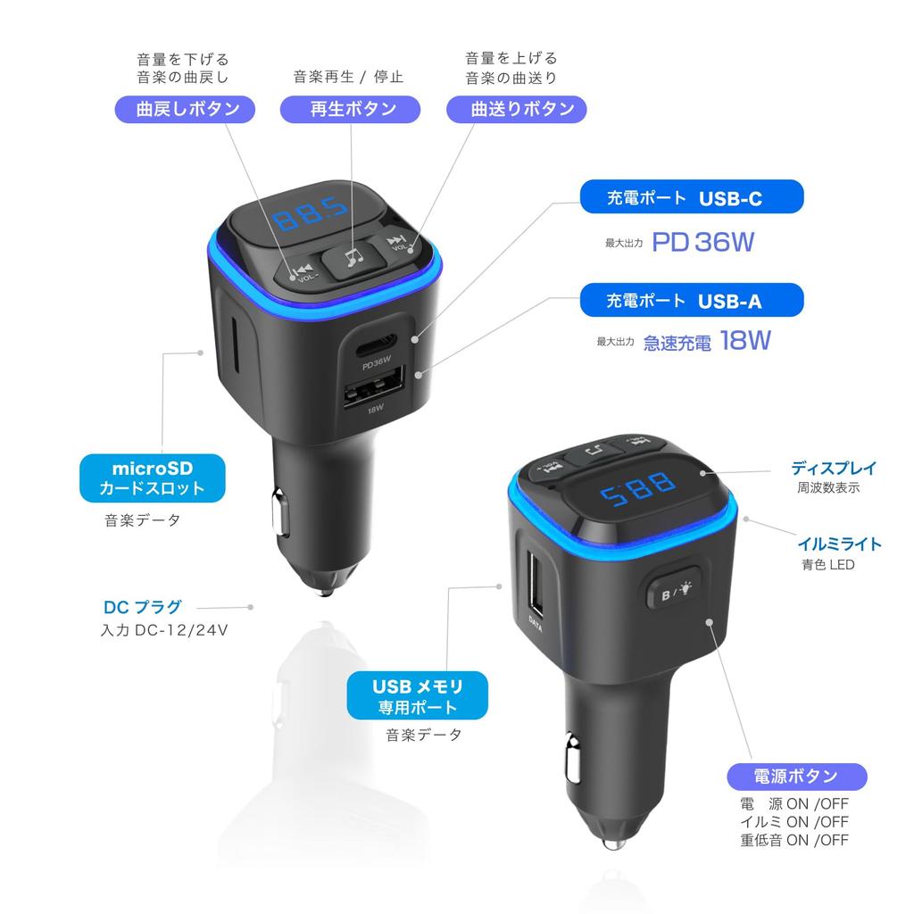 Kashimura NKD-271 Bluetooth FM Transmitter, Listening To Smartphone Music Wirelessly, Includes 2 USB Ports