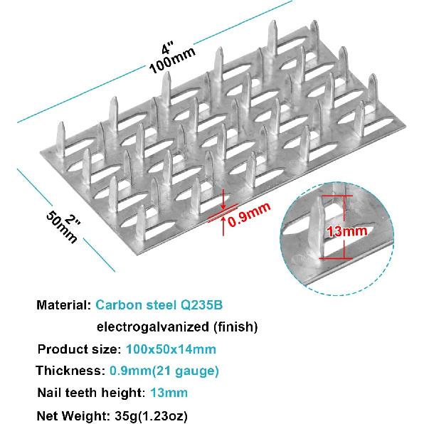20 PCS 4" x 2" Pronged Truss Plate, Flat Mending Plates Repair Tie Bracket, for Roofing Trusses Wood Timber Connectors, Galvanized Steel