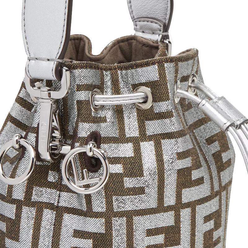 Fendi Mon Tresor FF Pattern Metallic Effect Detachable Shoulder Strap Bucket Bag Women Shoulder Bag Silver 8BS010APKVF1MZS