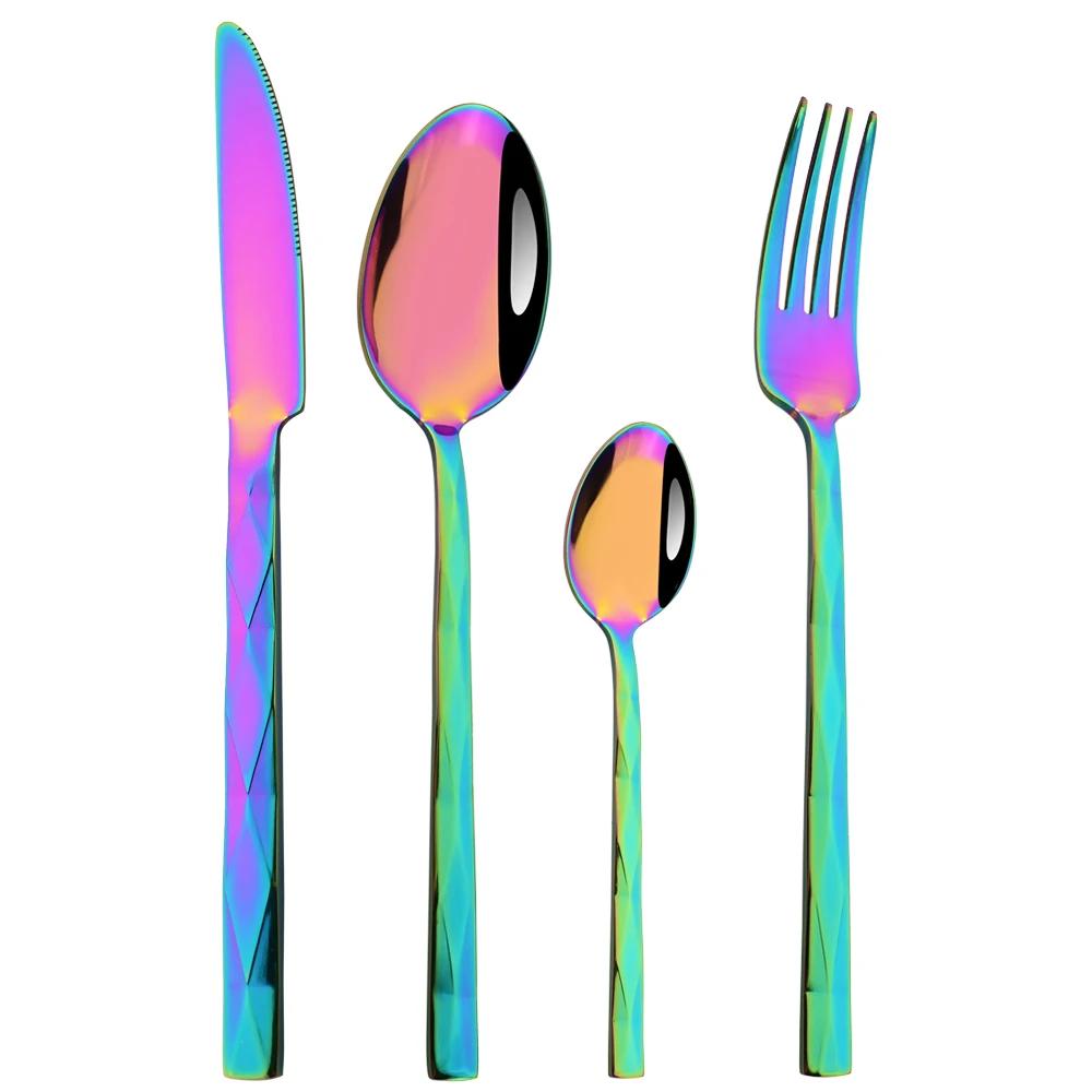 Western 4Pcs Stainless Steel Dinnerware Diamond Shaped Knife Fork Spoons Cutlery Set Restaurant Kitchen Tableware Flatware Set