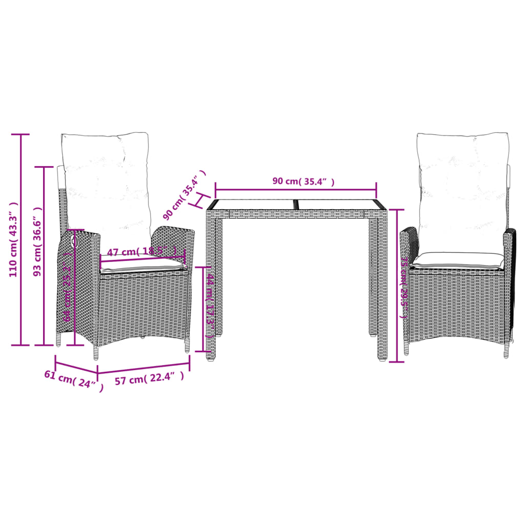 3 Piece Outdoor Dining Set with Cushions Black Poly Rattan