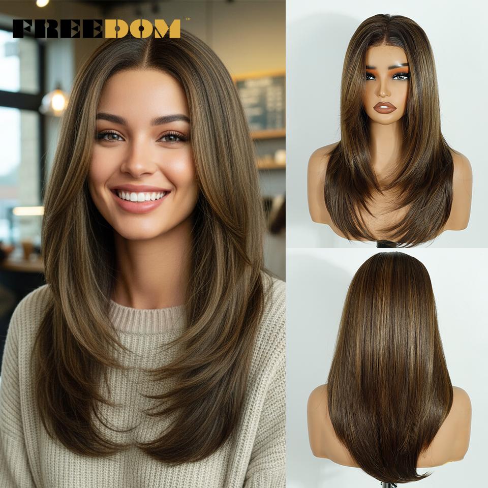 

FREEDOM 13x6 Synthetic Lace Frontal Wigs For Women 20 Inch Pre Plucked Lace Front Wig Wear And Go Ombre Brown Pre-cut Lace Wigs (as the picture,20inches)