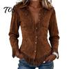 Slim Fit Fringe Blouse Women Tassel Shirt for Autumn, Button Down Everyday Wear Blouse, Solid Color Casual Long Sleeve Top, Western Cowgirl