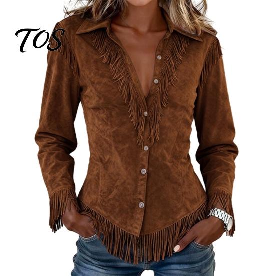 Slim Fit Fringe Blouse Women Tassel Shirt for Autumn, Button Down Everyday Wear Blouse, Solid Color Casual Long Sleeve Top, Western Cowgirl