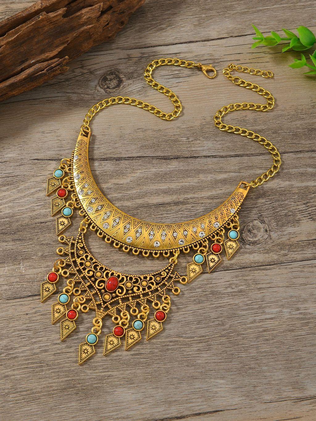 

Vintage Ethnic Style Drop Dangle Necklace With Tassels And Crystals For Boho Fashion Style1