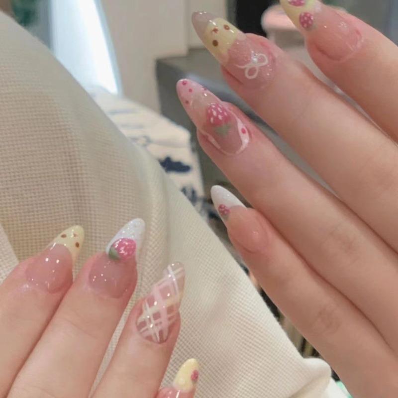 10Pcs Almond Press On Nails with Pink Strawberry Bear Design Acrylic False Nails Cute French Full Cover Nail Tips Summer Girl