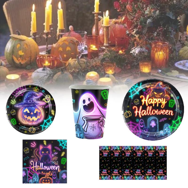 Party Halloween Tableware Set Luminous Plate Cups Napkins Tablecloth Celebration