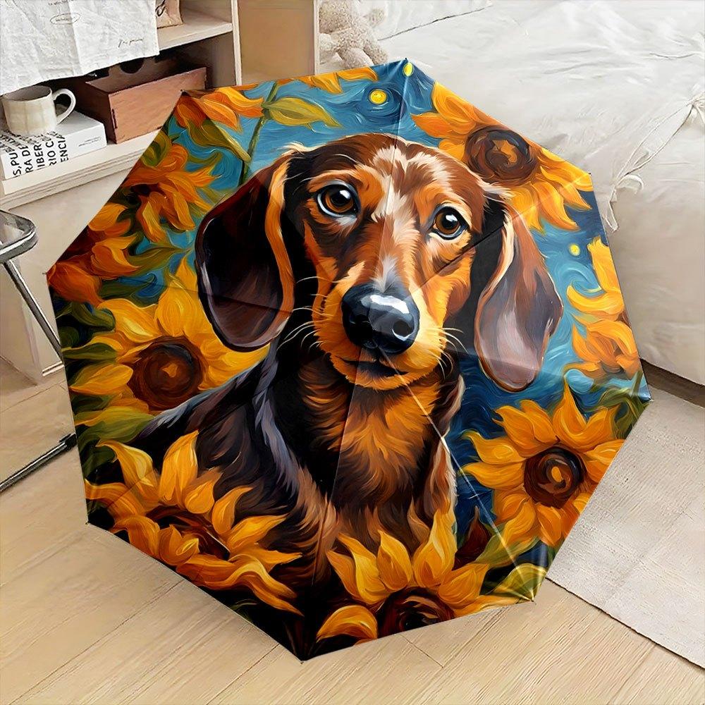 

Automatic Open/Close Folding Umbrella with Dog & Sunflower Pattern - Portable Compact Umbrella, Windproof 8-Rib Shaft, Lightwe (as the picture,Iron&8K)
