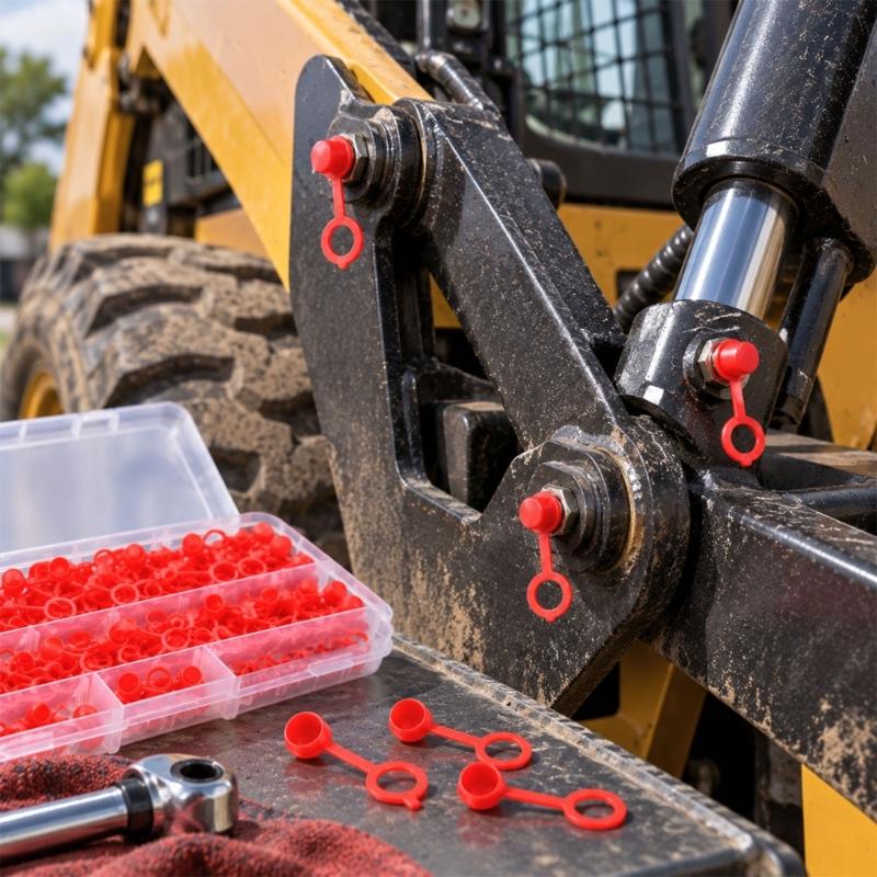 Tethered Grease Zerk Fitting Dust Covers, Plastic Fitting Covers with Attached Retainers That Remain At the Fitting During Routine Service Tasks