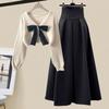 Spring Autumn Korean Elegant Knit Half High Collar Bottom Sweater+Midi Skirt Two Piece Women Dress Suit