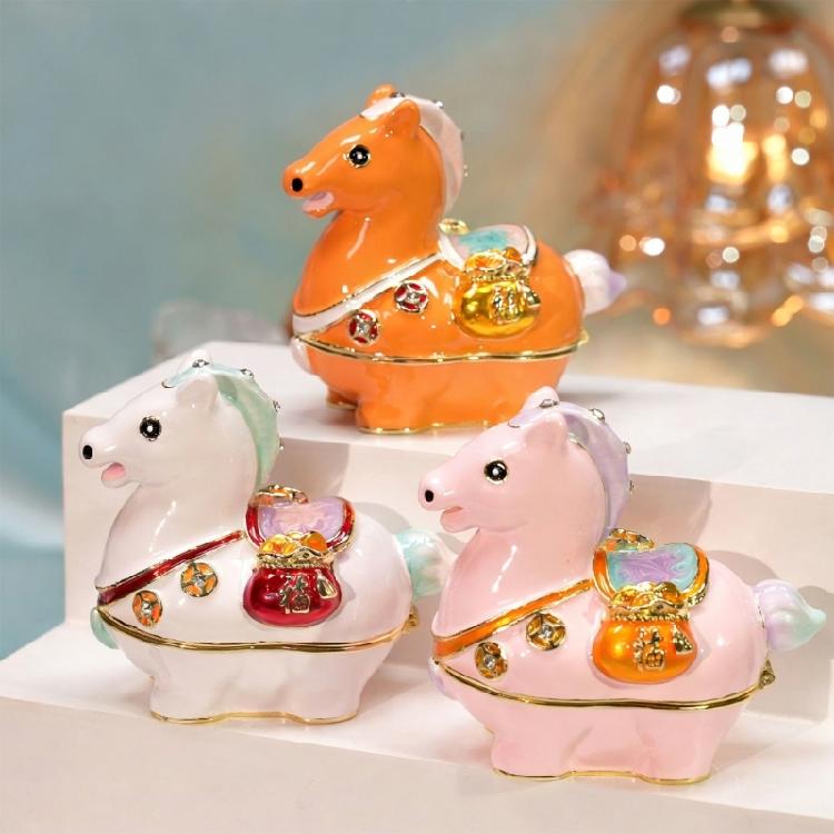 Exquisite Alloy Trinket Box Horse Shaped Jewelry Case with Glossy Finish and Sparkling Rhinestones for Small Accessory