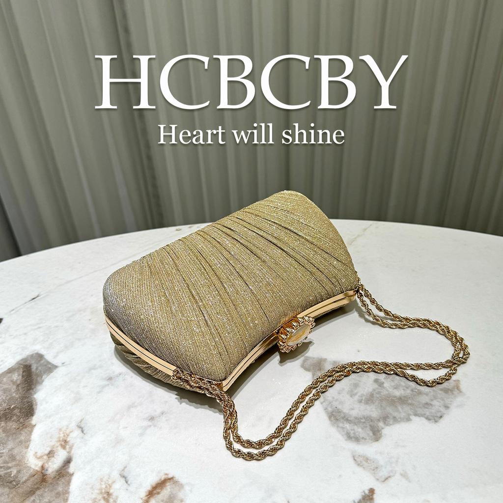 Gold Glitter Pleated Chain Decorative Handbag Evening Bag, Women's Fashion Temperament Elegant Clutch Bag Dinner Bag