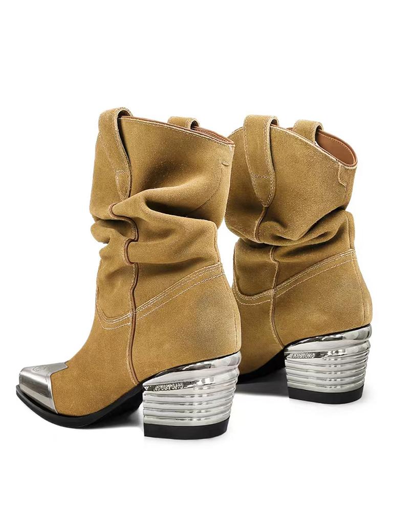 Pointed Pleated Thick Heel Western Boots 2025 Autumn New Elegant Women's Party Short Boots Street Casual Chelsea Boots