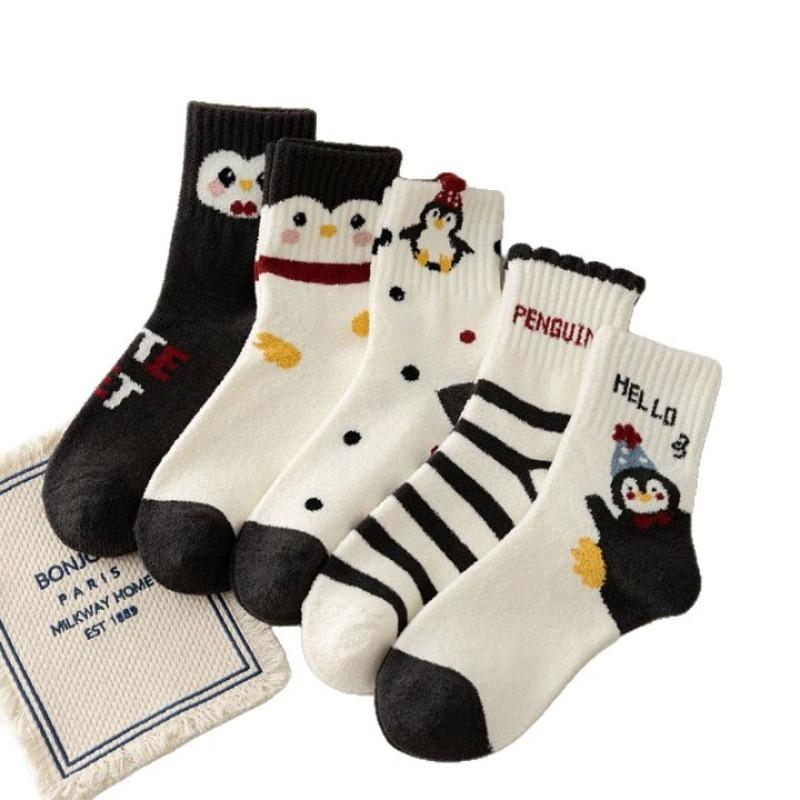 Autumn and Winter Socks, Women's Double-sided Fleece Little Penguin Women's Socks, Cute Cartoon Warm Home Warm Floor Socks, Sleep Socks
