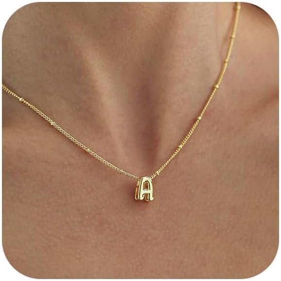 Bubble Letter Necklace Gold, Dainty Initial Necklaces for Women 14K Gold Plated Small A to Z Name Necklace Personalized Simple Initial Pendant Cute