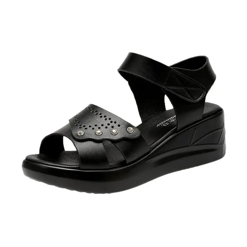 Fashion Wedges Heel Ladies Shoes Brown Leather No Summer 2024 Flat Rubber Footwear Sandals for Women Open Toe Outdoor Shoe Vip Sandal F