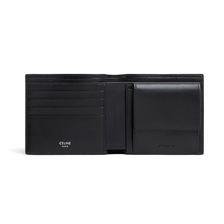 Celine Double Fold Letter Logo Smooth Cowhide Leather Coin Purse Men Wallet Black 10C873DME-38SI
