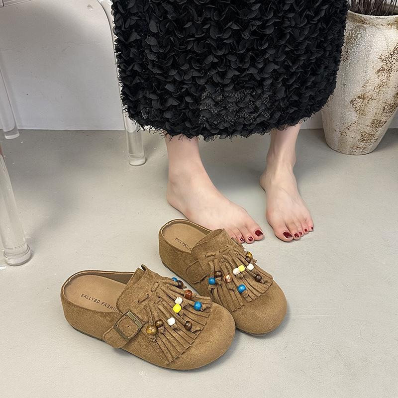 Baotou Slippers New Thick-soled Beaded 2025 Summer Retro Boken Shoes Half a Pack of Cool Slippers To Wear Outside