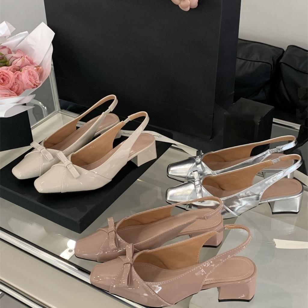 French bow square head single shoes new gentle style temperament with skirt thick heel empty bag head sandals women