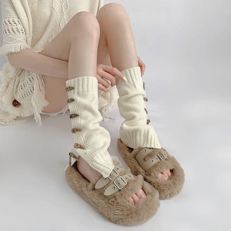 

Y2K Spice Girl Buttoned Calf Slouchy Leg Warmers for Women Japanese JK White Knitted Leg Warmers Mid-calf Socks Autumn Winter Warm бежевий