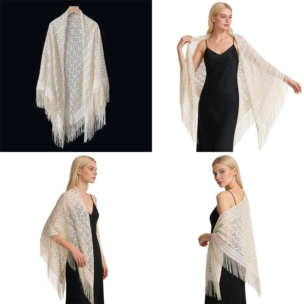 Versatile 140×140cm Lace Shawl Hollowed-out Design Breathable Tassel Shawl Elegant Evening Gown Shawl for Women