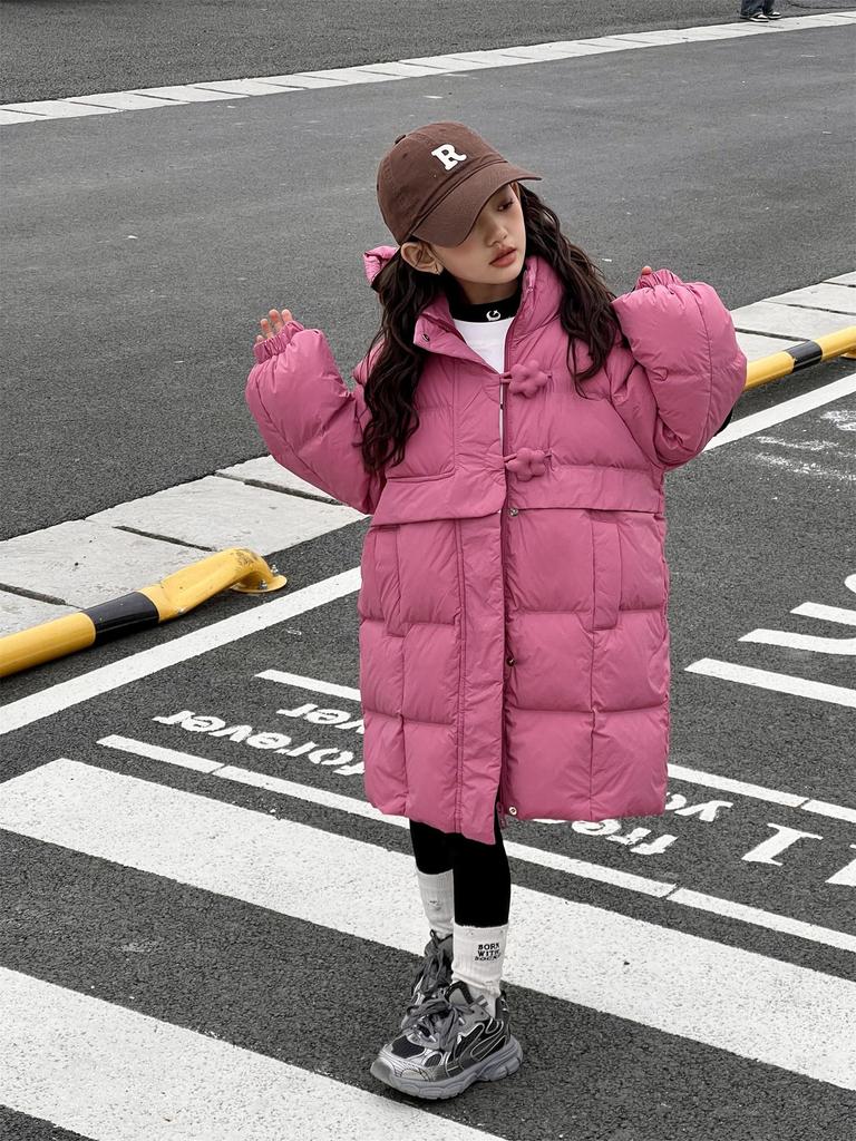 2025 Winter Girls' Warm Mid-Length Solid 90% White Duck Down Puffer Jacket