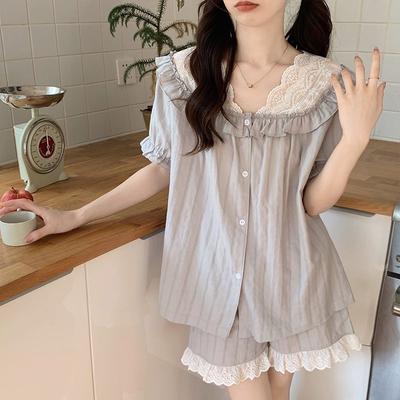 Cotton and Linen Summer Short Sleeved Shorts, Pajamas, Women's Summer Loose Lace Lace Lace, Can Be Worn Externally for Home Wear