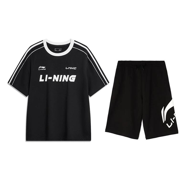 Li-Ning American Vintage Versatile Loose Short Sleeve Letter Comfortable Lightweight Shorts Casual Sports Suit Unisex Suit Black YHSV367-2+AKSU911-1