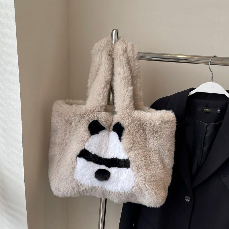 Hairy panda big bag female new fashion college student class bag autumn and winter versatile underarm tote bag