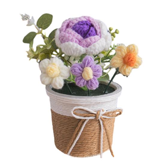 Handmade Crochet Flower Bouquet with Pot, Cute Little Knitted Potted Flower for Car Dashboard, Home Office Decoration, Gift for Birthday, Anniversary