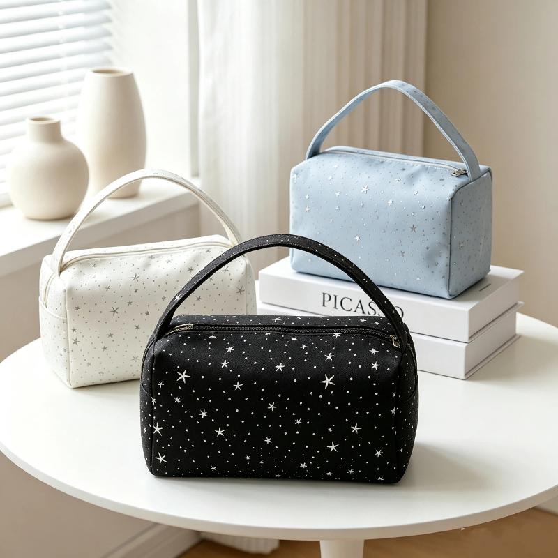Cute Star Print Nylon Cosmetic Bag Large Capacity Portable Handle Toiletry Pouch for Women Travel Daily Use